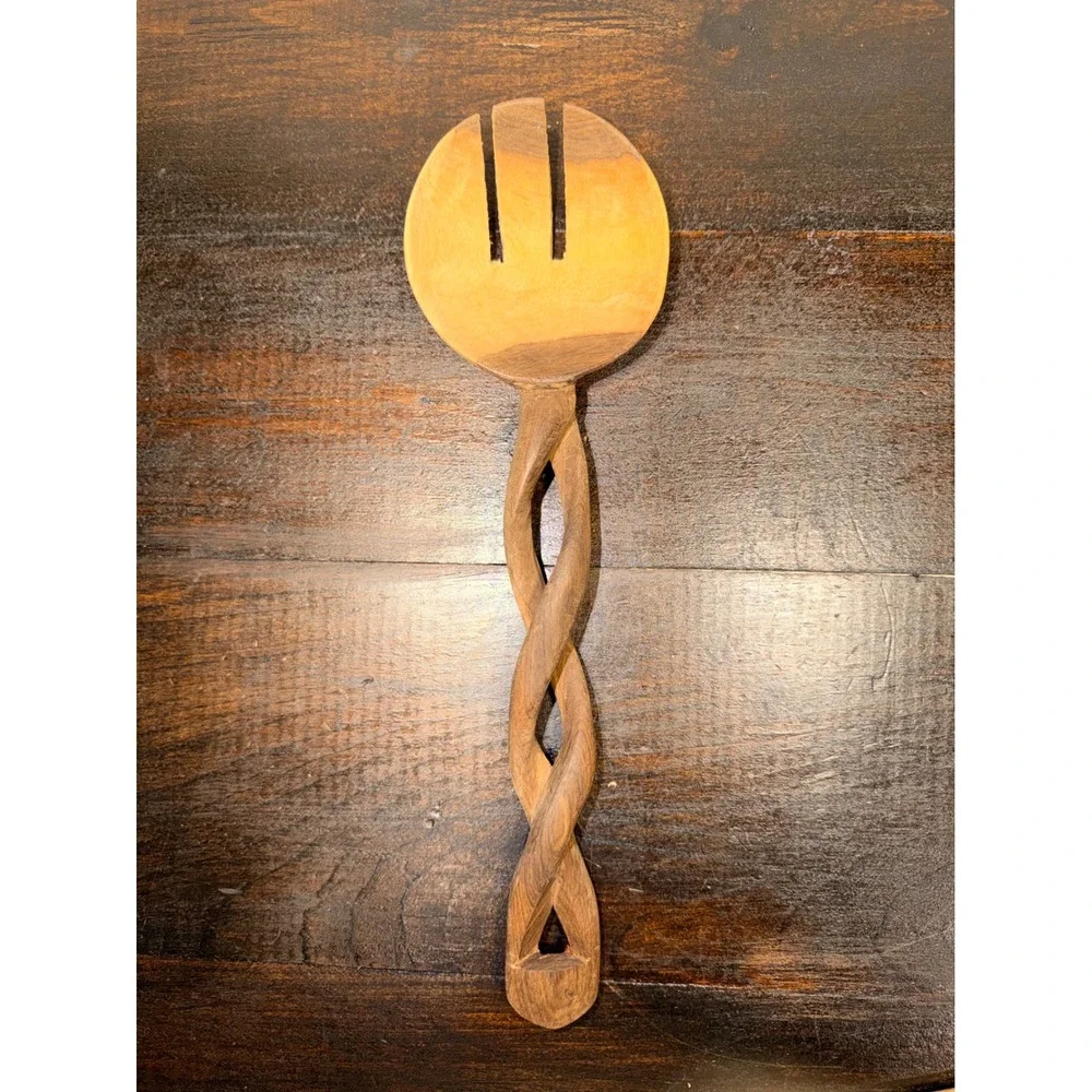 Hand Carved Olivewood Spiral Wooden Salad Server Spoon‎ Utensil